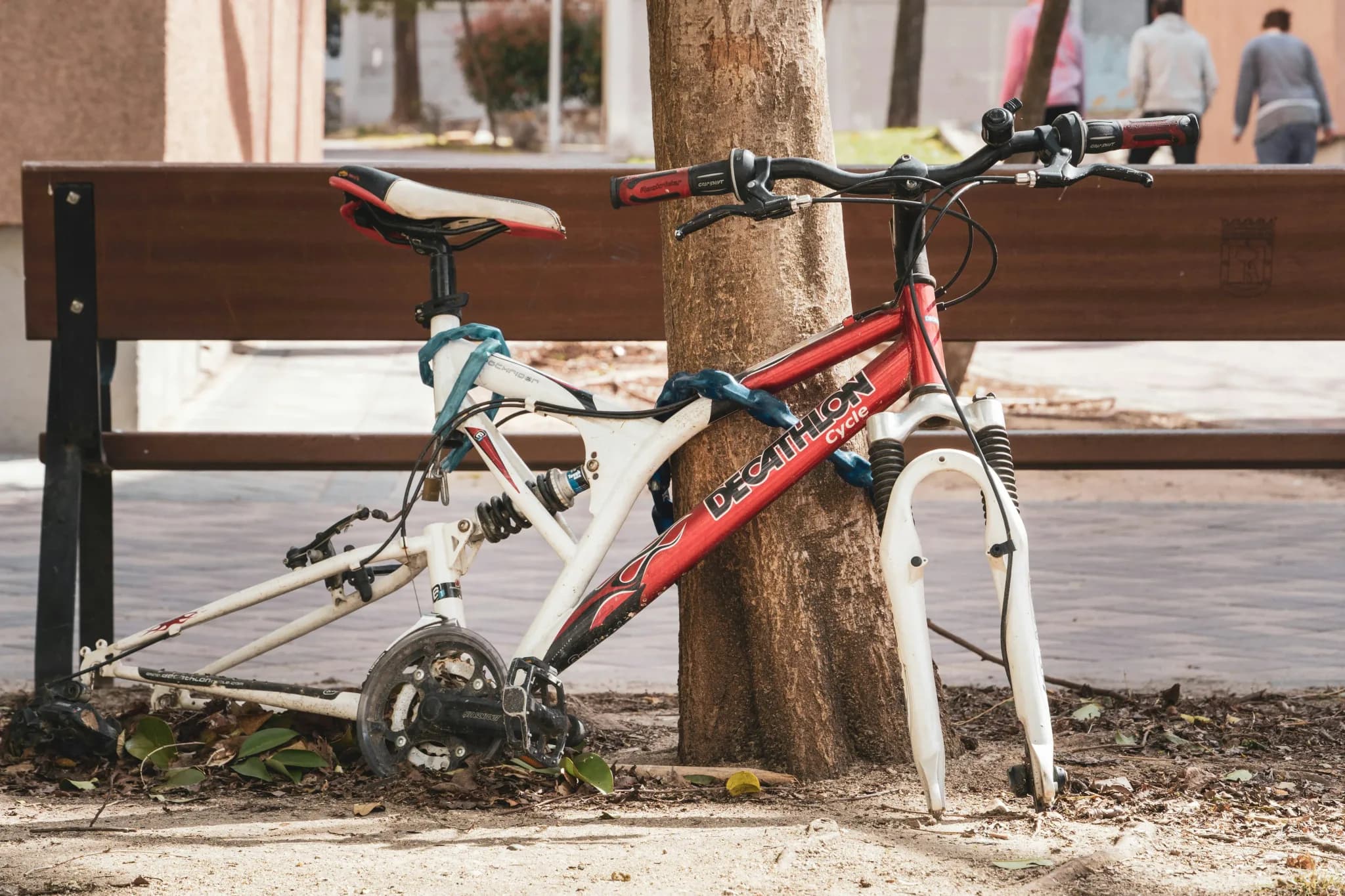 Vernielde rode Decathlon-fiets zonder voorwiel, vastgeketend aan een boom naast een bankje.