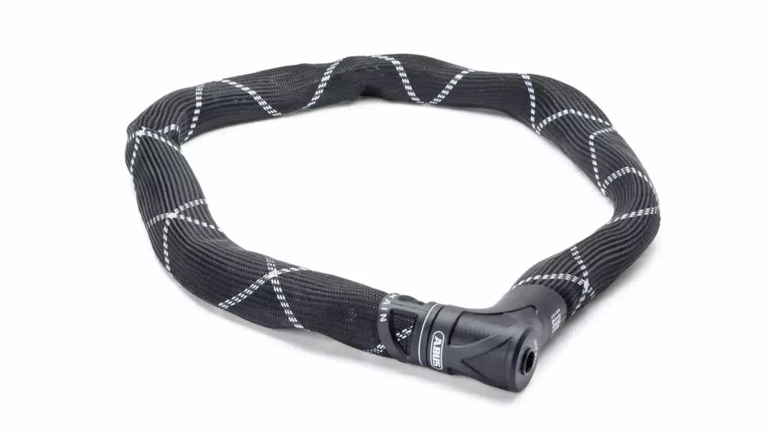 Black ABUS chain lock with white stitching and fabric sleeve on a white background.