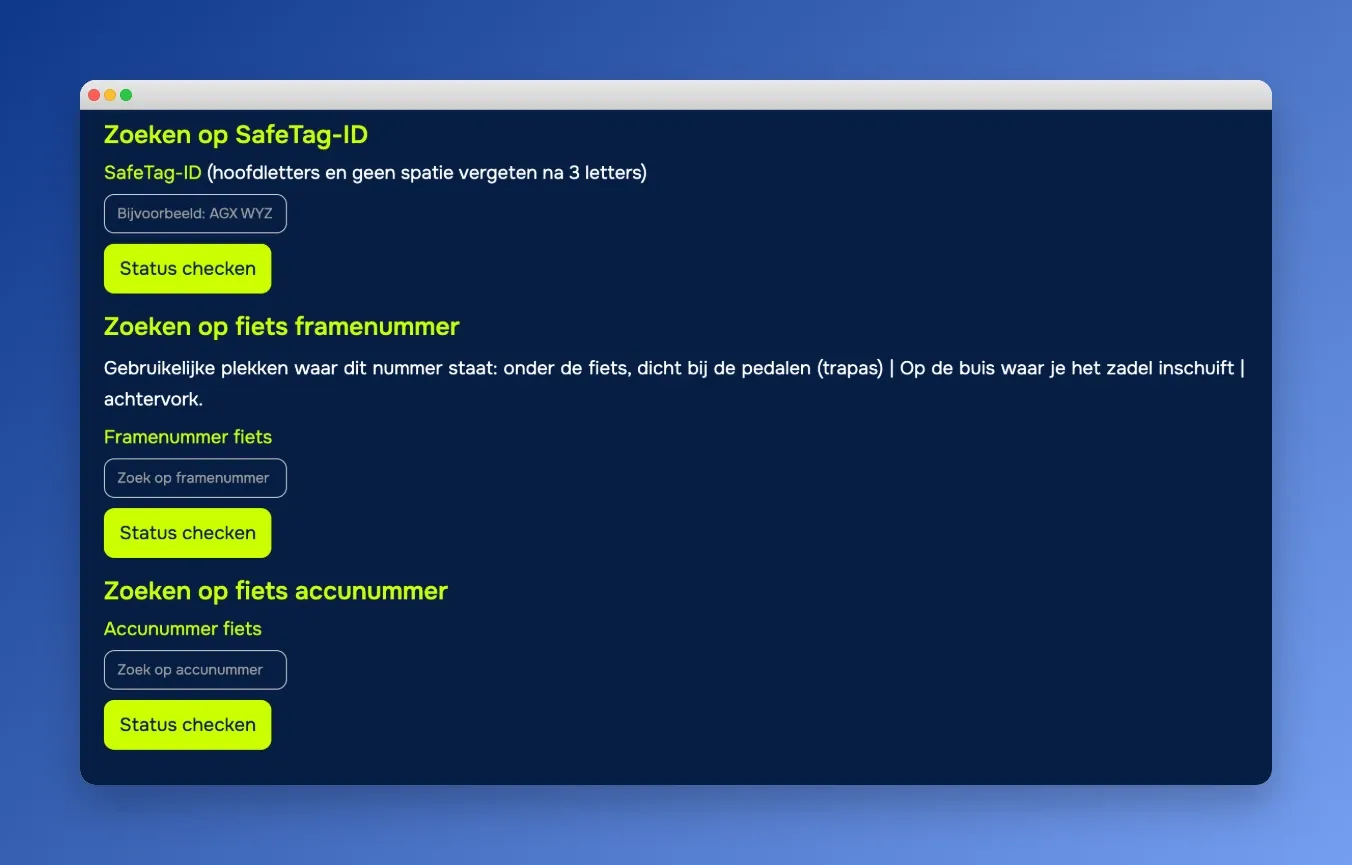 Screenshot of the BIKEBAZE status check screen with search fields for SafeTag ID, frame number and battery number.